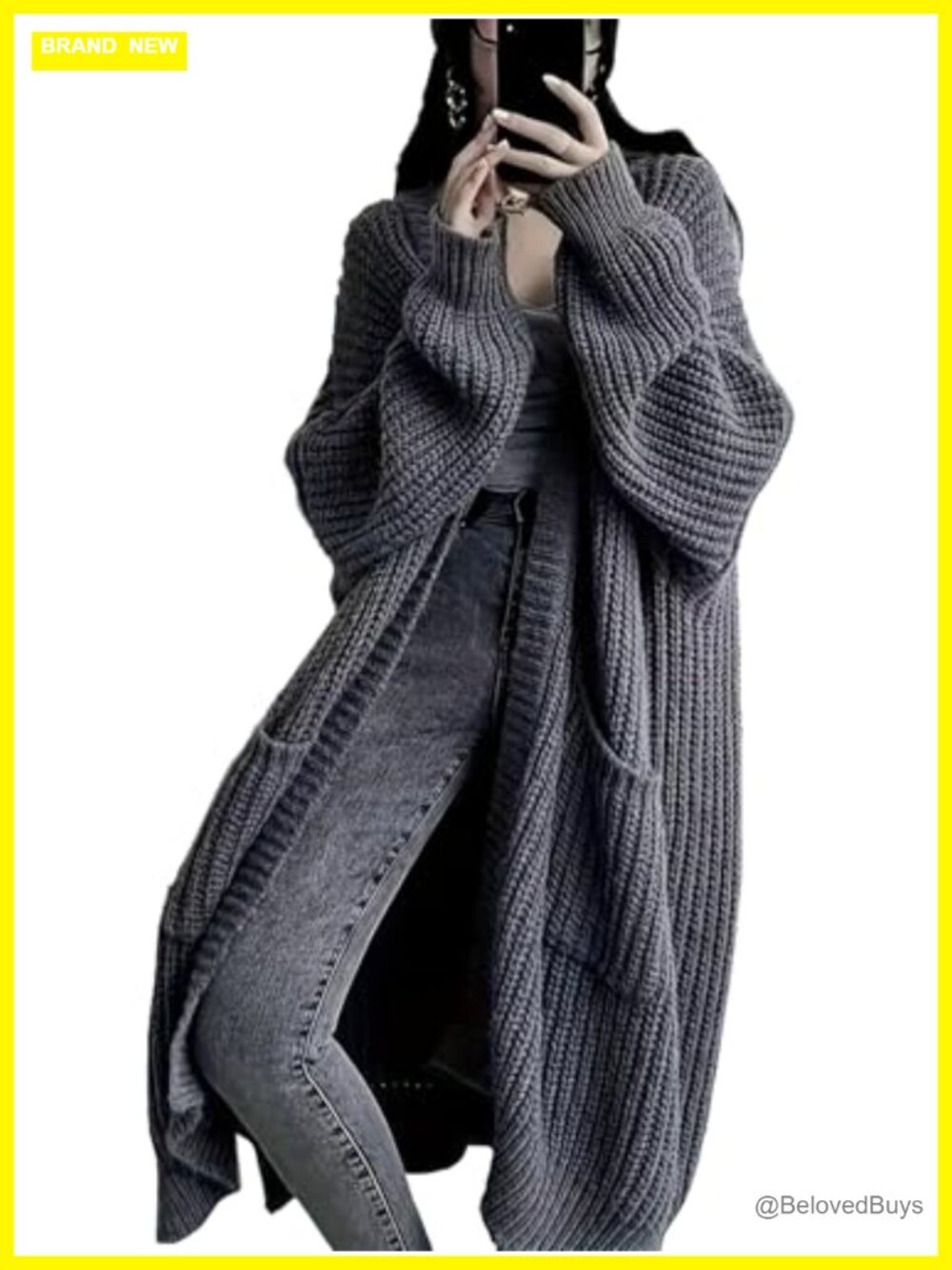 Long Open Front Cable Knit Cardigan Duster with Pockets Oversized